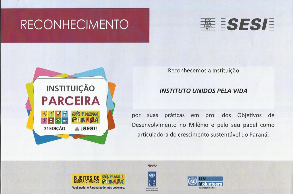 Instituto Unidos pela Vida recebe Selo Instituição Parceira dos Objetivos do Milênio!